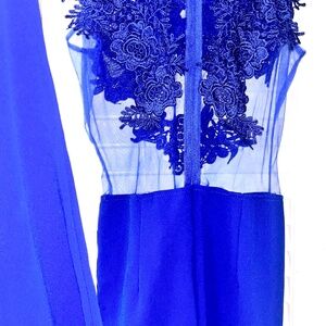 Royal Blue Jumpsuit Floral Sheer Mesh Sleeveless Long Legged Romper